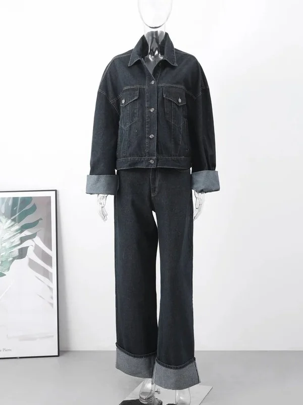 

Faion Patchwork Women's Denim Suit Lapel Long Sve Coat Tee Piece Set Chic Winter Wear for Middle-Aged Women