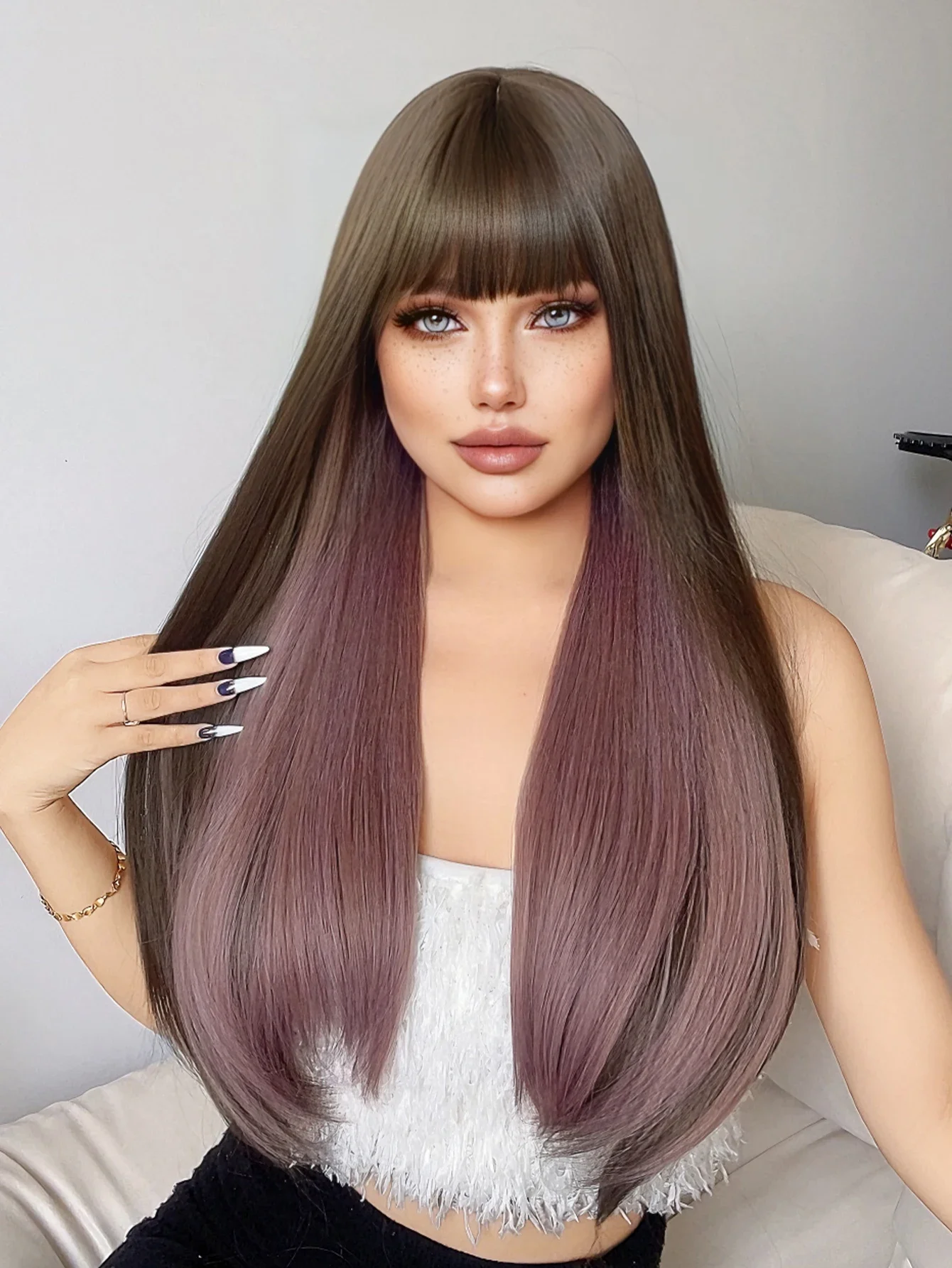 

26Inch Brown and Pale Lavender Color With Bang Long Natural Straight Hair Wig For Women Daily Use Cosplay Party Heat Resistant