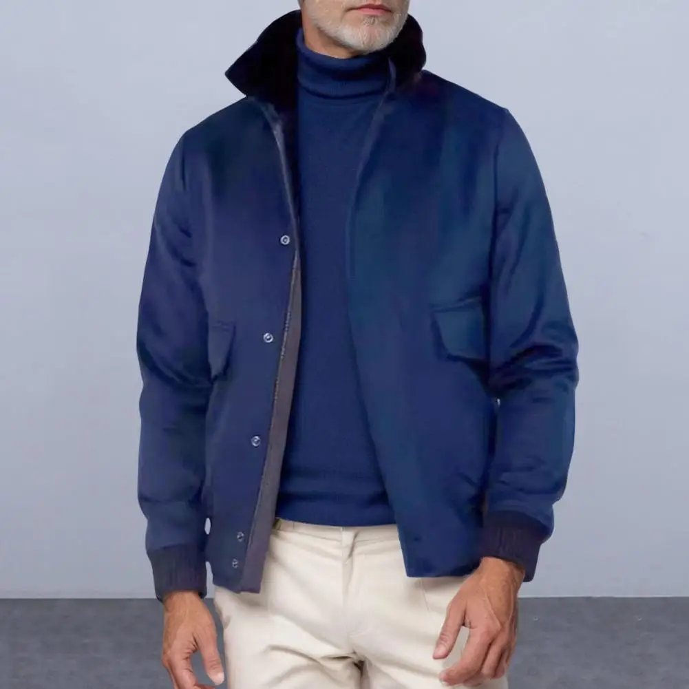 Chaqueta con solapa de costura de felpa de estilo Retro para hombre, abrigo con bolsillos de solapa, prendas de vestir exteriores de lana de Color sólido para Otoño e Invierno