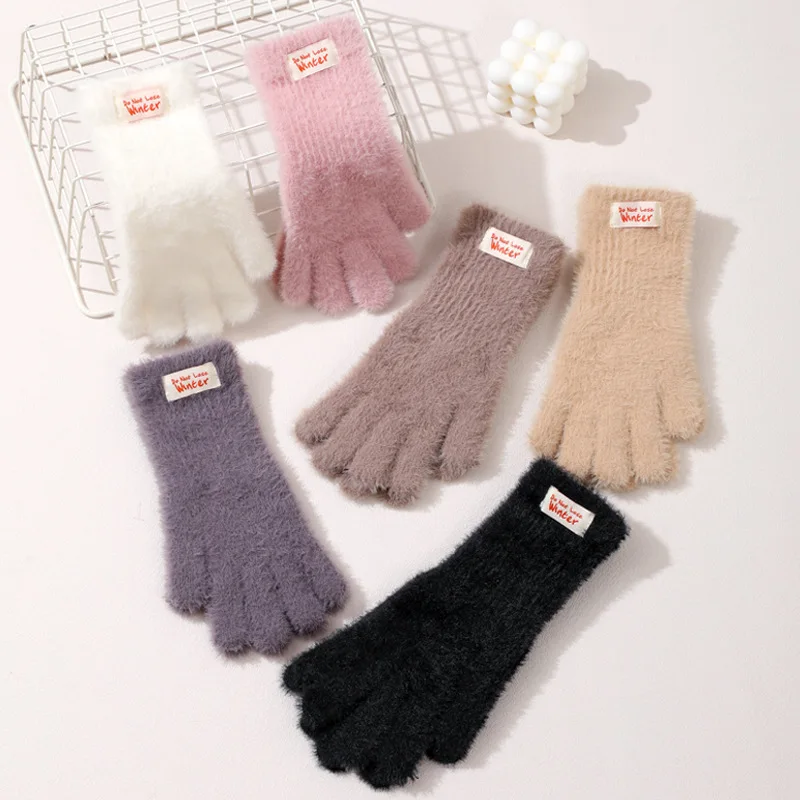 Vielseitige Plüsch-Wärmehandschuhe für den Winter, Fünf-Finger-Handschuhe mit Touchscreen-Funktion, Verdickte Strickhandschuhe