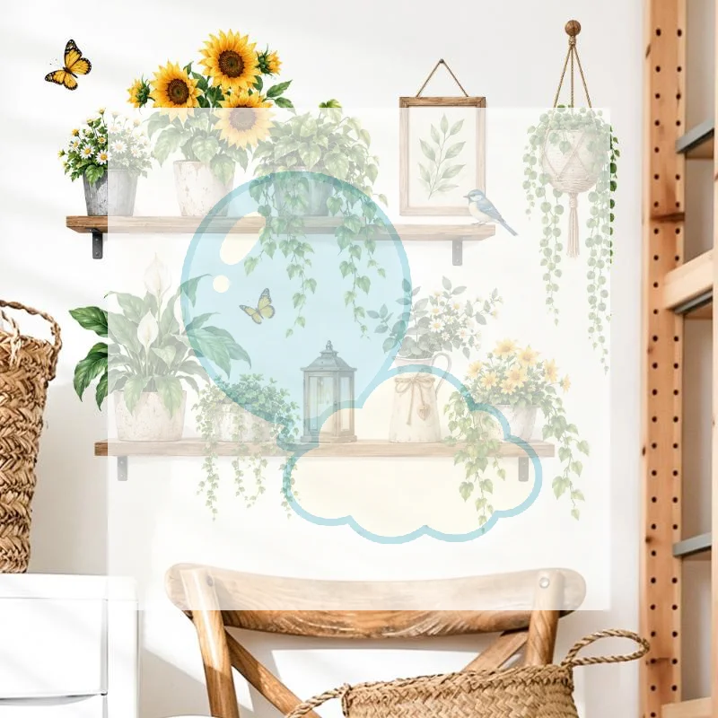 Sunflower Potted Plant Shelf Wall Sticker Green Vine Butterfly Wall Decal For Bedroom Living Room Home Decor