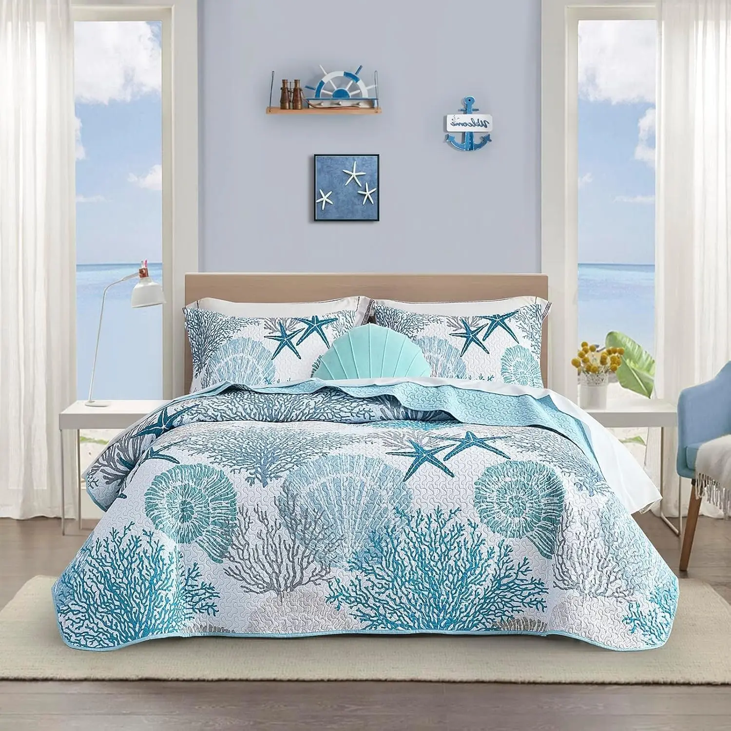 3 Piece Coastal Quilt Sets Full/Queen Size - Reversible Microfiber Quilts with 2 Shams Soft Lightweight Beach Bedding Nautical