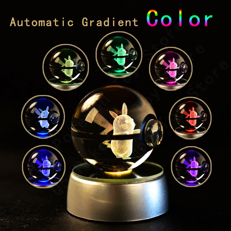 3D Pokemon Crystal Ball 7CM 5CM Mewtwo Pikachu Gengar Kristalglas Pokemon Bal Pokeball Figuur Nachtlampje LED lampvoet Gift