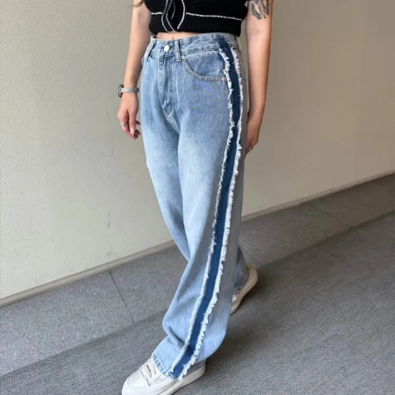 

2024 Ropa Y2K Fashion Patchwork Washed Blue Baggy Stacked Jeans Pants For Women Designer Clothes Wide Leg Gothic Lady Trousers