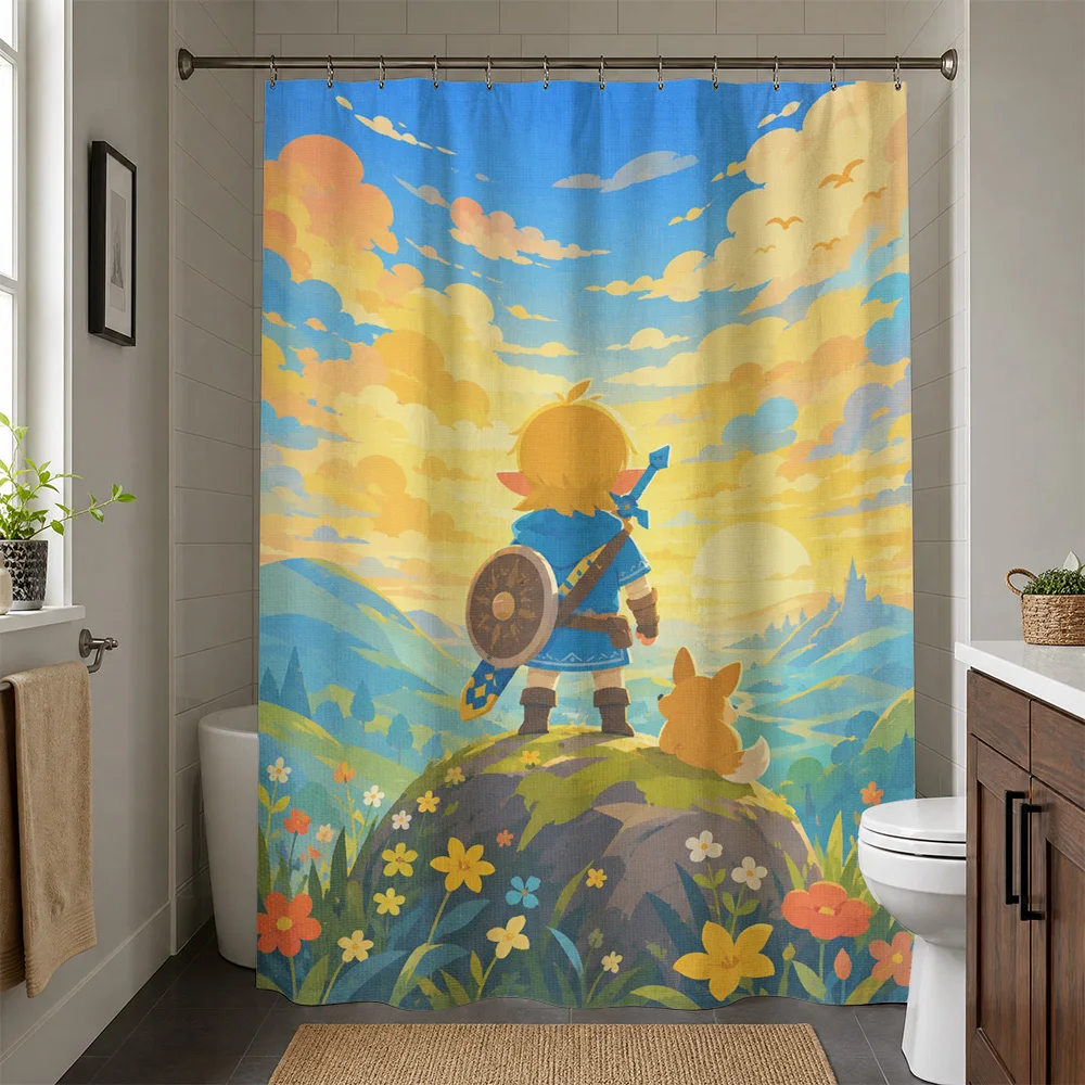 Cute Adventure Boy Warrior Fantasy Landscape Shower Curtain Bathroom Decor Kids Room Shower Curtain