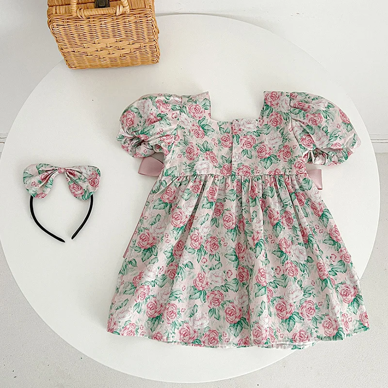 2024 New Summer Sister Clothing Baby Girl Party Dress Kids Princess Dresses Short Sleeved Cotton Flower Print Baby Romper