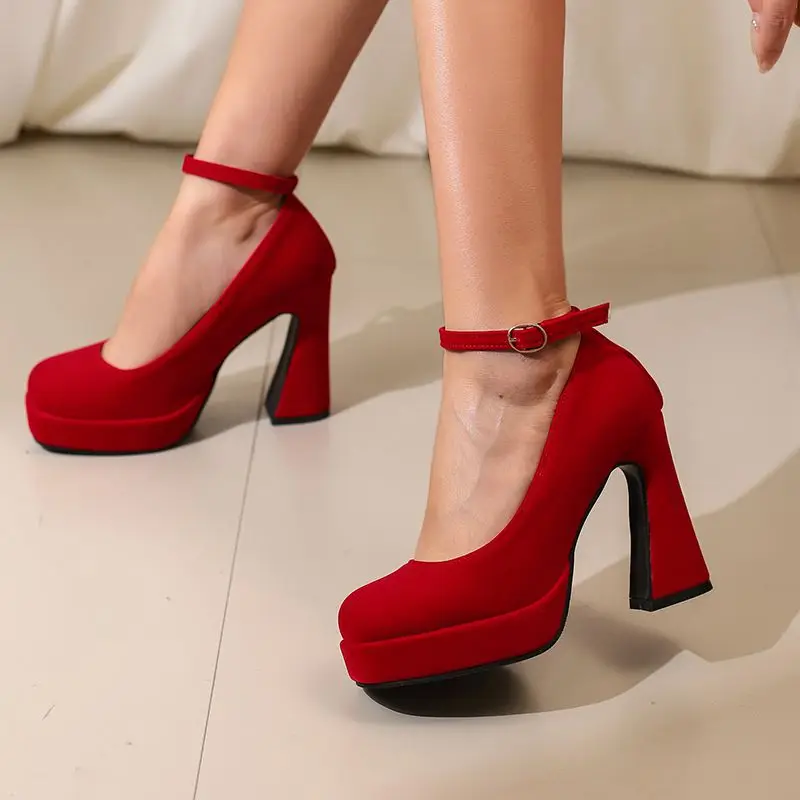 ORCHALISA Décolleté da donna in pelle scamosciata floccata Punta tonda Tacchi a spillo Piattaforma da 10,5 cm Cinturino con fibbia da 3 cm Taglia grande 44 45 Scarpe da festa di nozze sexy