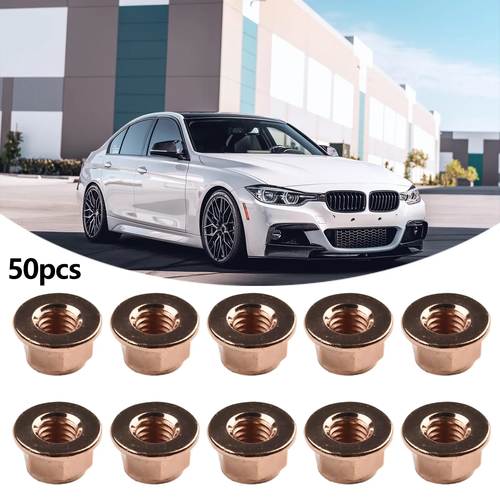 50pcs M8 Copper Flashed Exhaust Manifold Nut High Temperature Nuts SW 13 Copper Nut Manifold Nut Car Fasteners Accessories