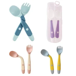 Juego de cuchara y tenedor para bebé y niño, Kit de vajilla de silicona suave y flexible, utensilios de entrenamiento para alimentación