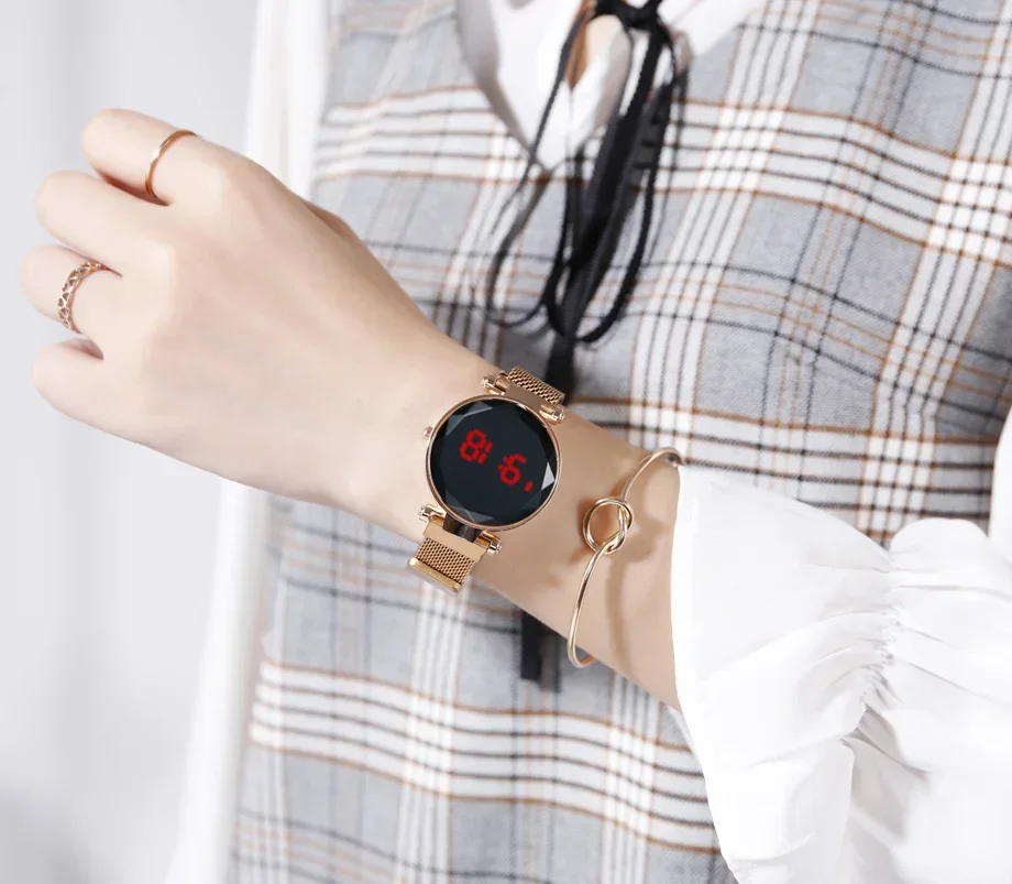 Luxury LED Women Magnetic Bracelet Necklace Earrings Ring Watch Rose Gold Digital Dress Watch Quartz Wristwatch Ladies Clock