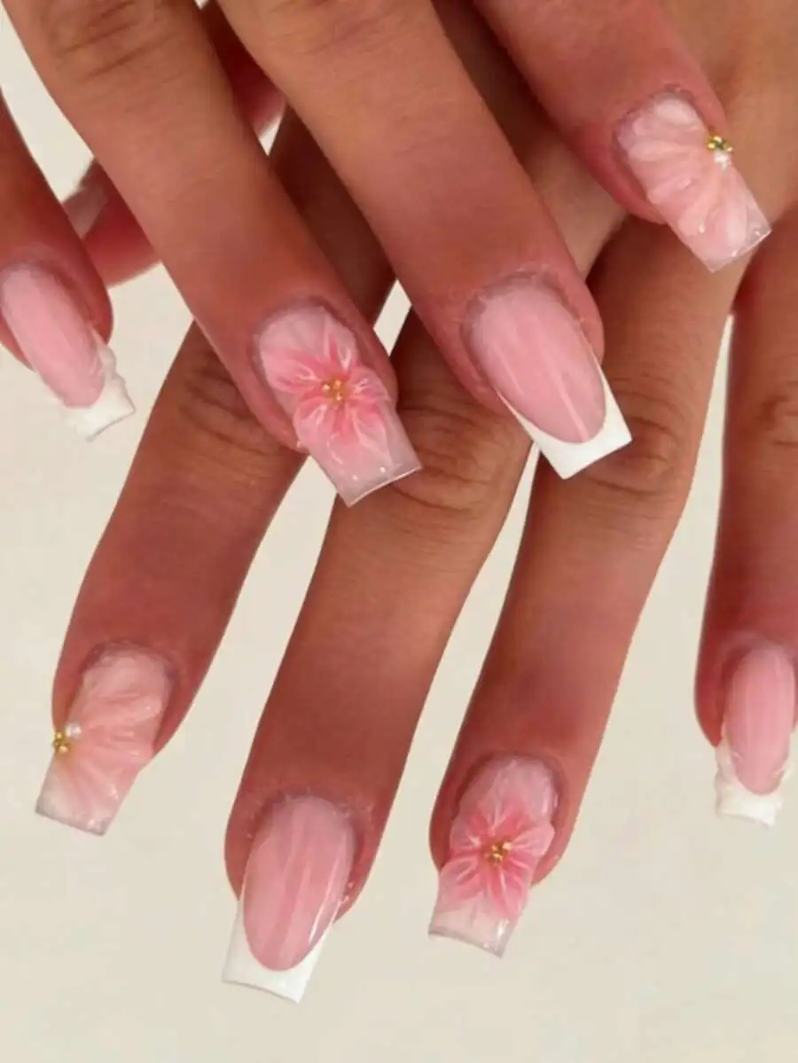 

24Pcs Acrylic Square Press-On Nails With Pink Floral 3D Design, Gold Bead Center, Includes Jelly Gel And File For Daily Or