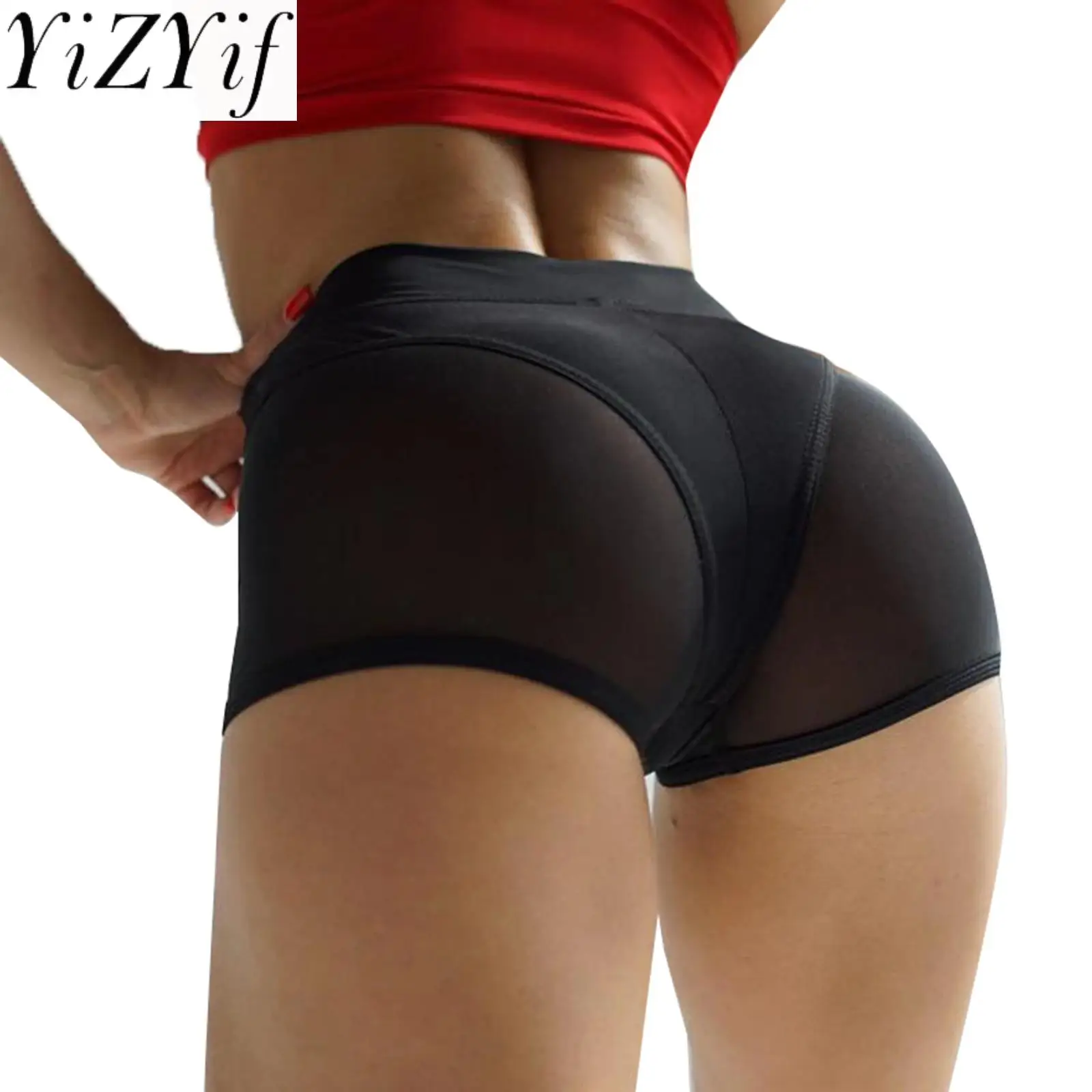 

Women Sexy High Waist Workout Fitness Shorts Female Cheer Booty Dance Shorts See-through Mesh Patchwork Pole Dancing Clubwear