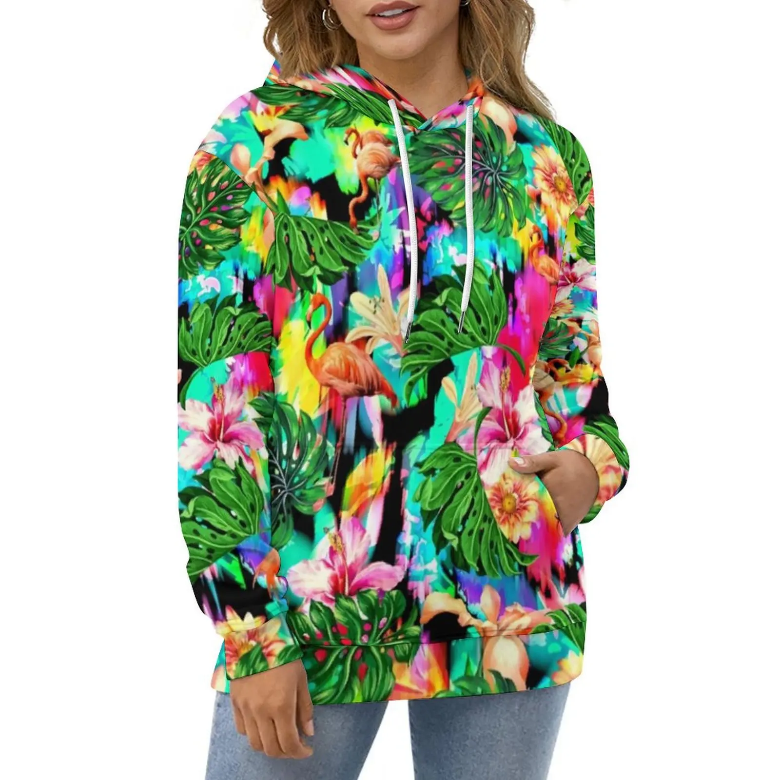 Flamingo Print Hoodies Long Sleeve Tropical Leaves Cute Casual Pullover Hoodie Winter Classic Oversize Pattern Loose Sweatshirts