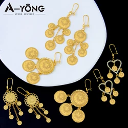 Arab Gold Color Coins Dangle Earrings 18k Copper Gold Plated Turkish Dubai Drop Earring Women Bridal Wedding Jewelry Gifts