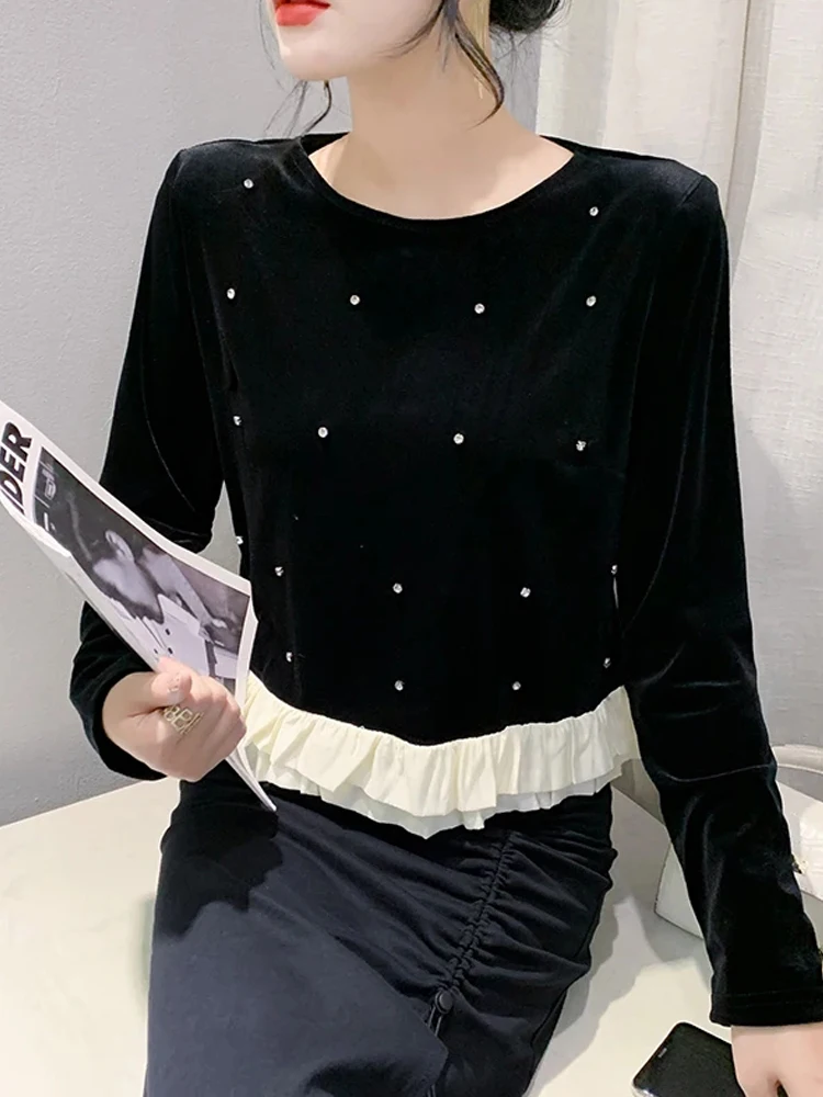 

Winsleter Elegant Basic Clothes Tshirt Long Sleeve Tees Autumn Winter Women Round Collar Ruffled Pearl Slim Velour Tops T30689JC