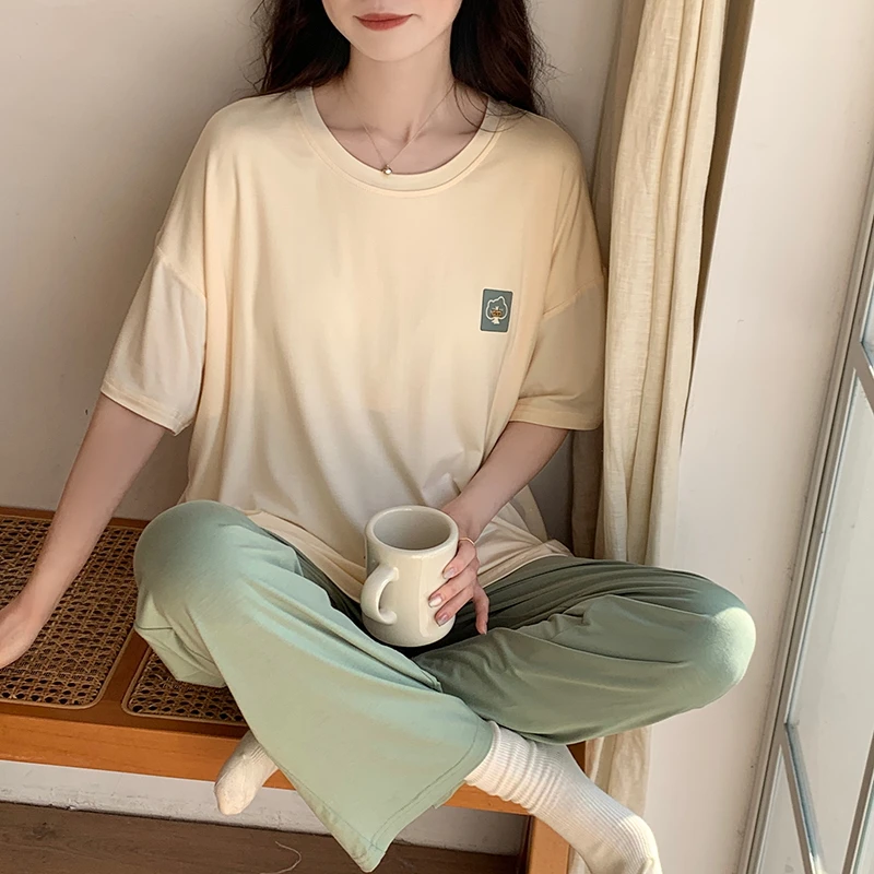 Summer Pajama Sets Women Loose Home Thin with Padded Simple Sleepwear Korean Style Calf-length Fashion All-match Lounge Daily