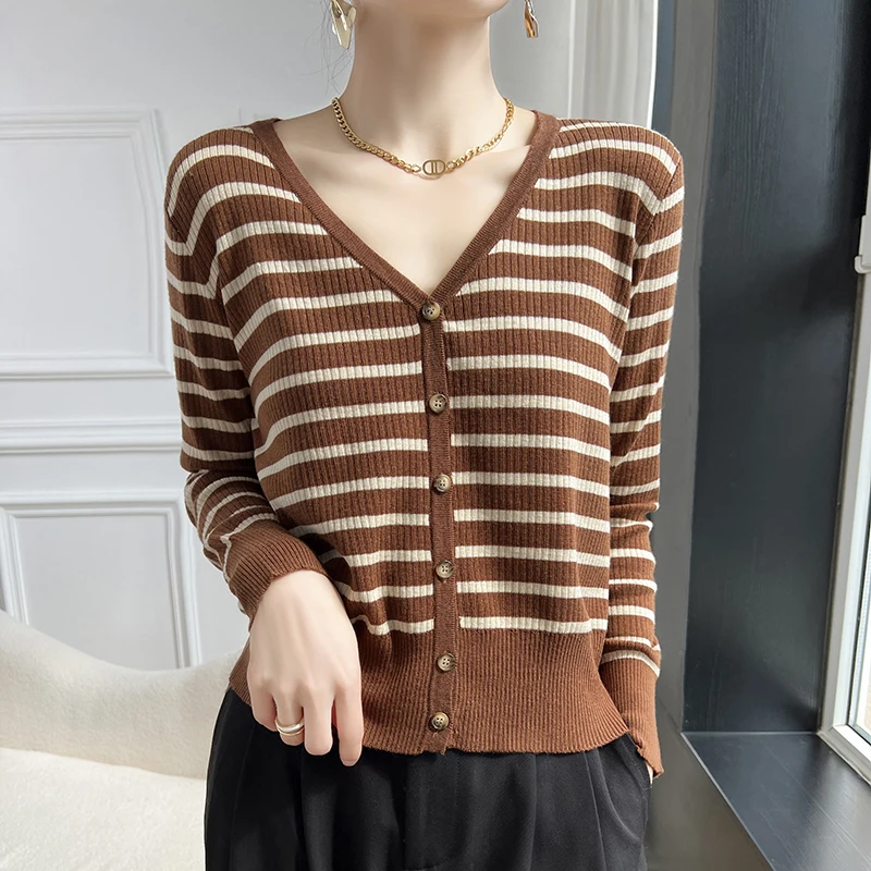 

Spring and Autumn Women's Striped V-Neck Knitted Loose Single Breasted Cardigan Screw Thread Fashion Casual Formal Tops