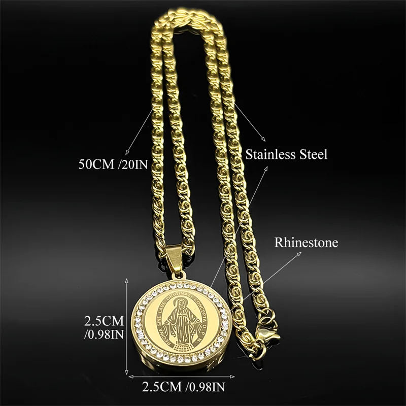 Hip Hop Virgin Mary Medal Wisiorek Naszyjnik dla kobiet Mężczyźni Stal nierdzewna Złoty / srebrny kolor Rhinestone Chrześcijańska biżuteria łańcuszkowa — zdjęcie 7