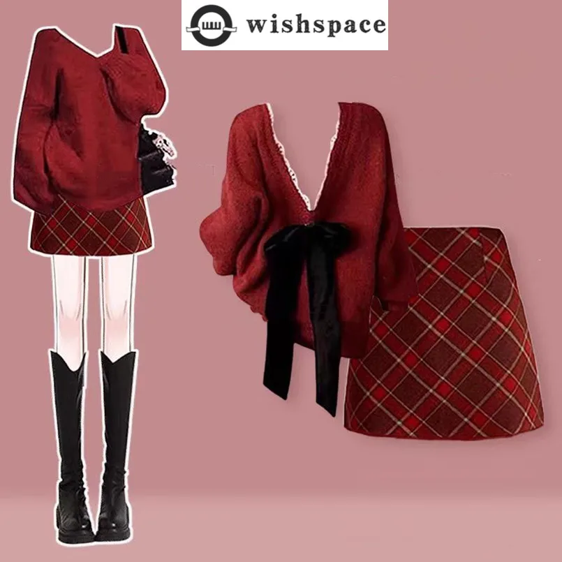 ชุดแฟชั่นฤดูใบไม้ร่วงและฤดูหนาวสำหรับผู้หญิง เสื้อถักสีแดงลดอายุ + กระโปรงสั้นลายสก็อต ชุดสองชิ้น
