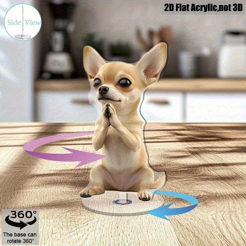 2D Flat, 1pc Rotating Praying Chihuahua Desk Decor with 360° Spinning Base - Cute Big-Eared Chihuahua Figure Suitable for Home/O