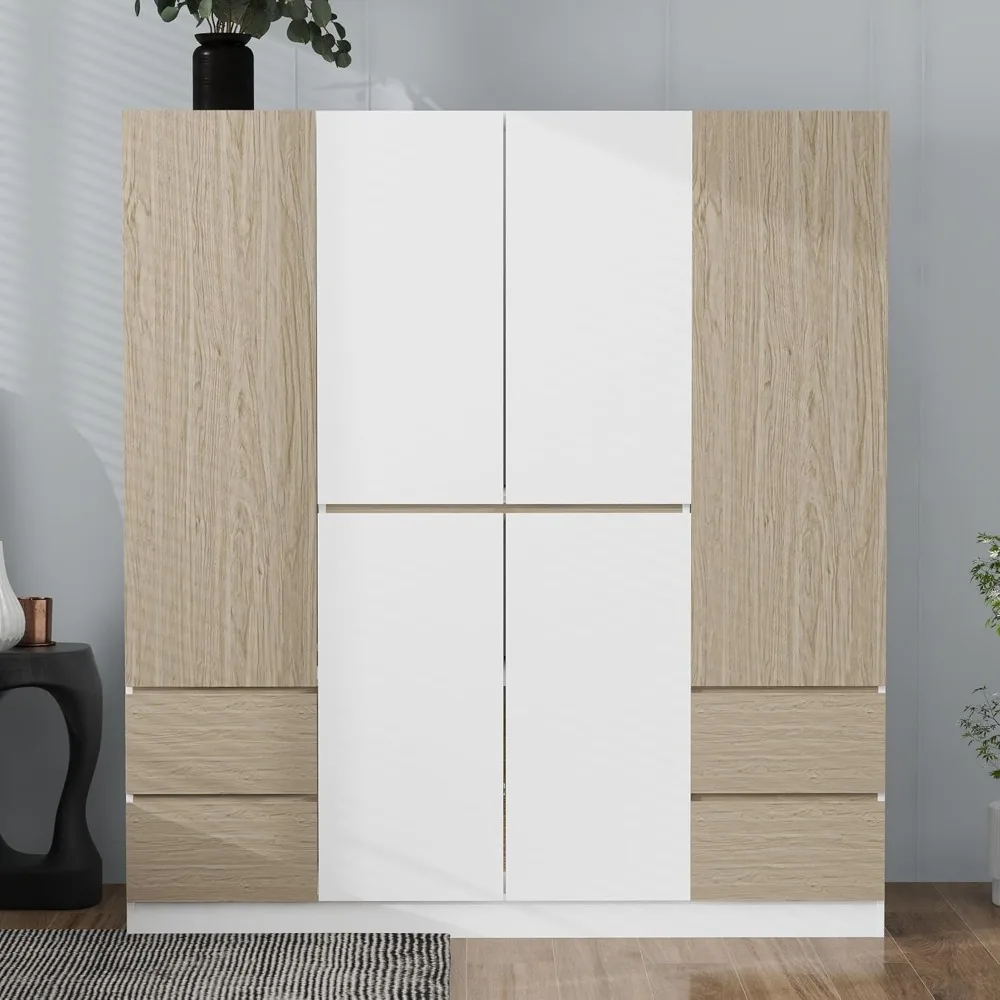 

6-Doors Wooden Wardrobe for Bedroom with 4 Drawers Inside and Hanging Rod, Large Wardrobe Closet with Shelves (White+Natural)