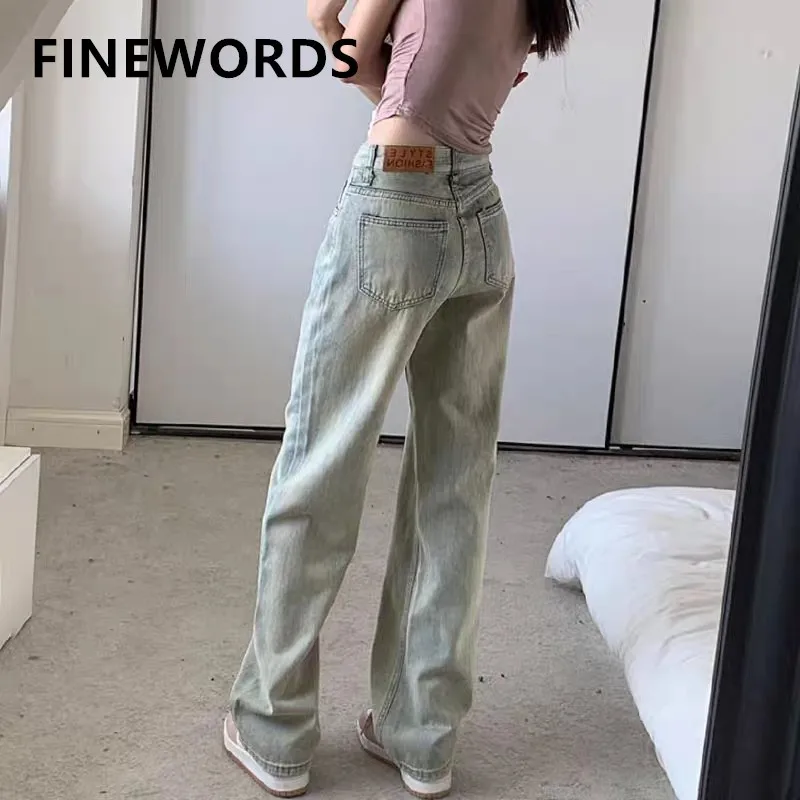 FINEWORDS Vintage Casual Korean Tie-dye Washed Jeans Women Streetwear Loose Wide Leg Jeans Punk Fashion Harajuku Denim Pants