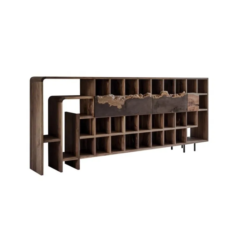 Side cabinet tea room display rack display stand, wabi sandy wind solid wood natural edge