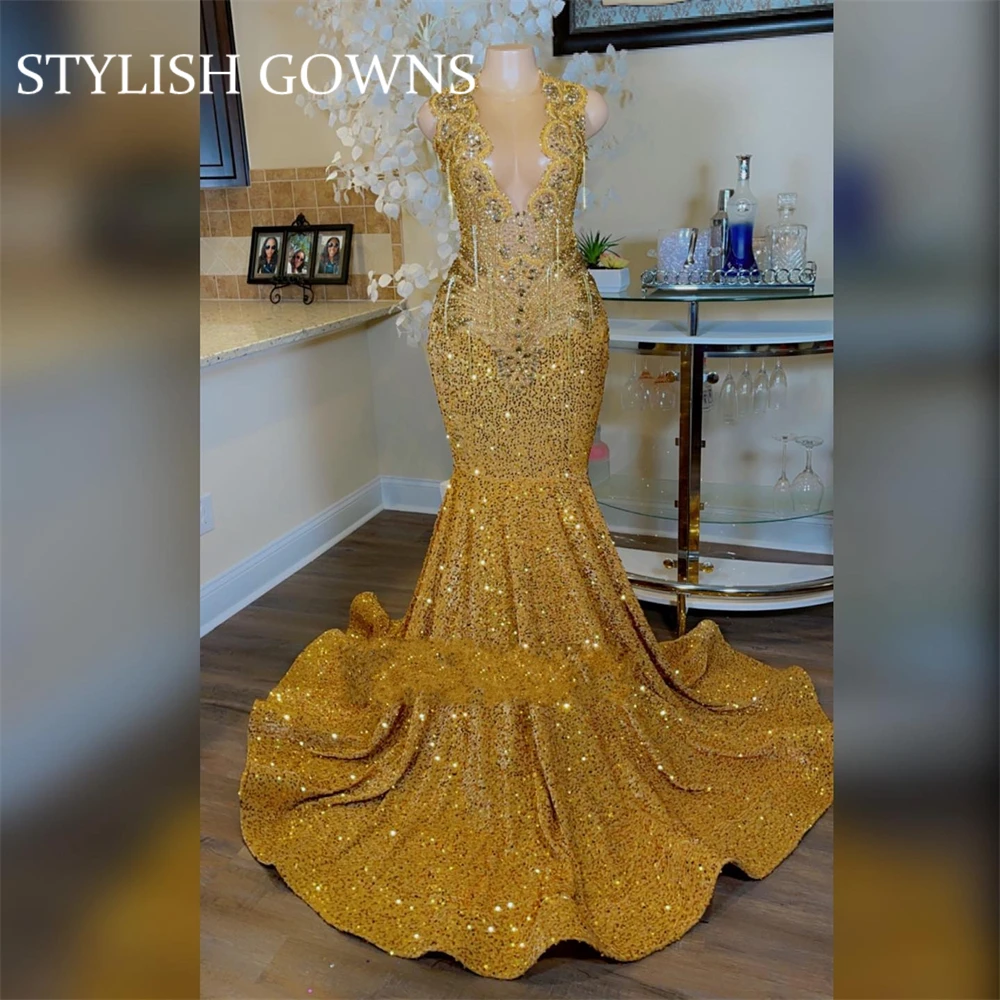 Vestido de fiesta largo dorado brillante para niñas negras, vestido de fiesta de cumpleaños con cuentas de cristal y diamantes, vestidos de noche con borlas personalizados