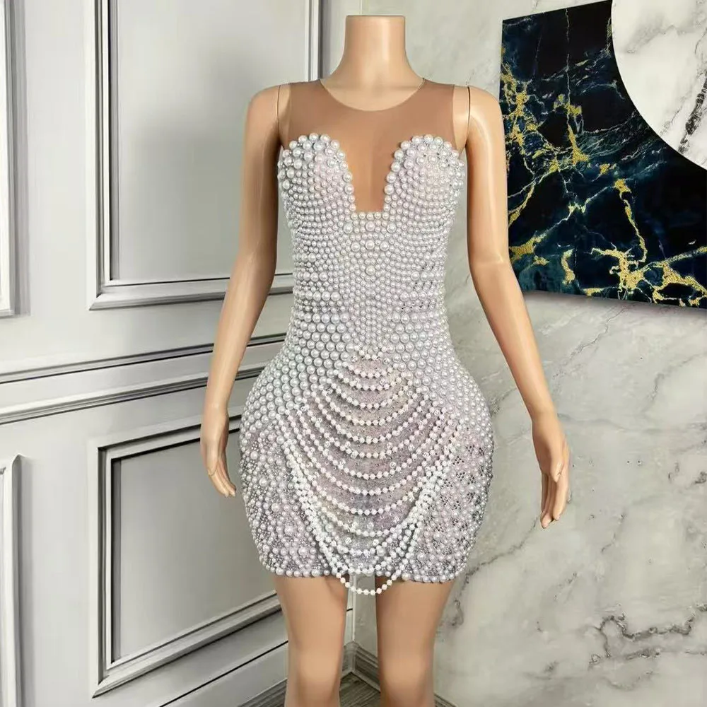 

Elegant White Pearls Rhinestones Dress for Women Sexy Mesh See Through Evening Prom Birthday Dress Photoshoot Stage Wear