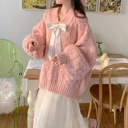 Bow Tie V-Neck Sweater Women Twist Loose Lazy Pink Lantern Sleeve Knitted Pullover Solid Fashion Pretty Style Female Jumpers