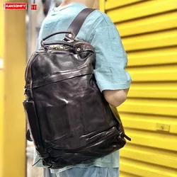 American retro cowhide backpack handmade leather backpack men's heavy industry old vegetable tanned leather men's bag