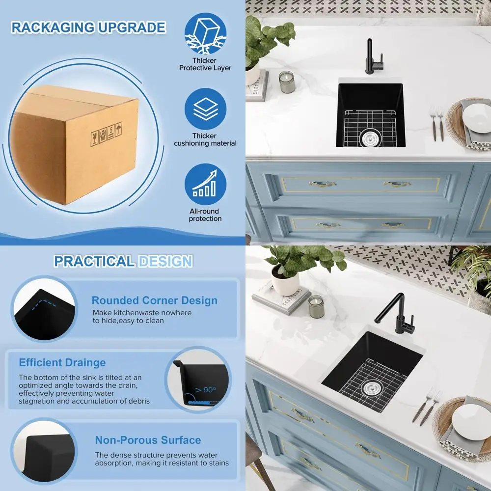 

18 Undermount Matte Black Granite Composite Single Bowl Bar Sink with Accessories