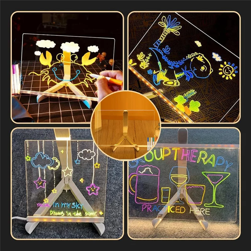 C9-2025 LED Color Note Board Acrylic Adjustable Bracket Message Board, 7 Colored Pens, 20X20cm.