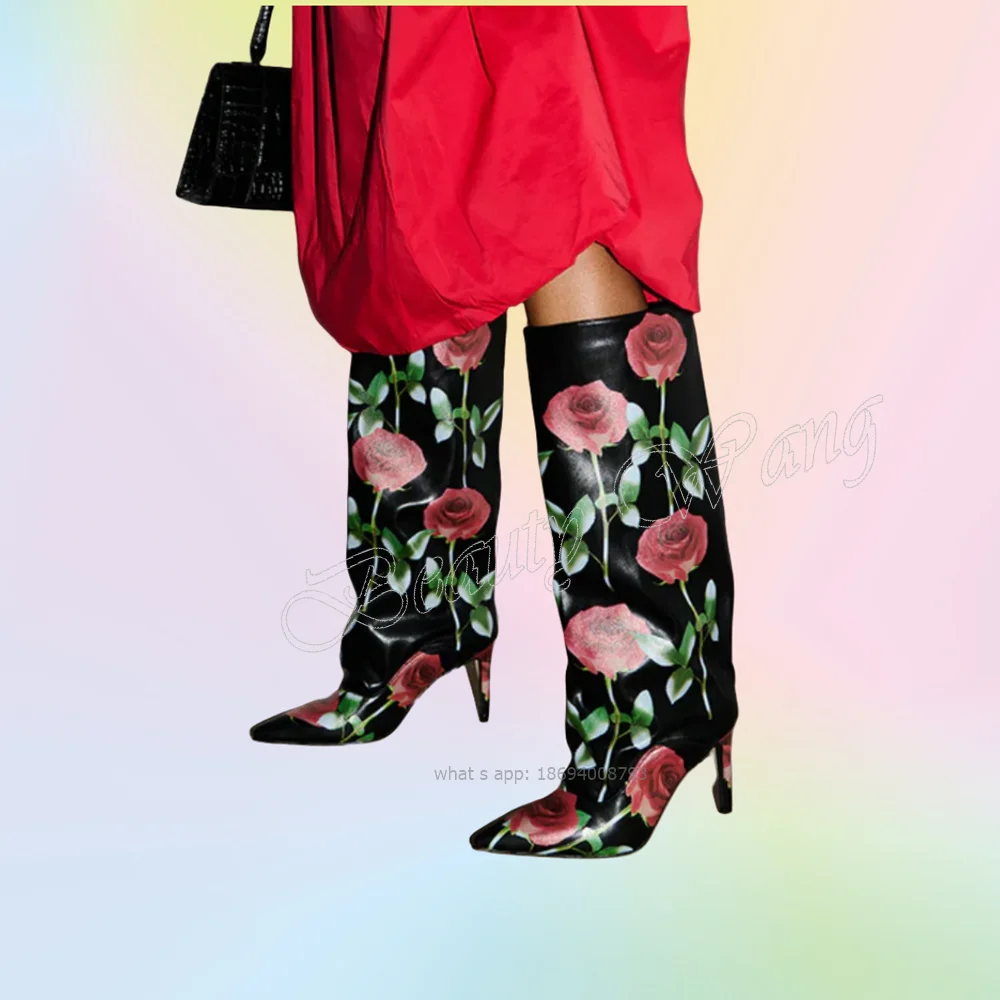 

Black Red Flower Decor Boots Slip on Pointed Toe Shoes for Women Stilettos High Heels Sexy Lady Shoes 2024 Zapatos Para Mujere