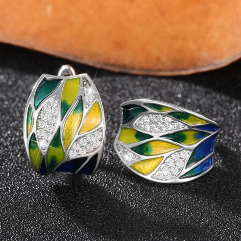 Huitan Bohemian Style Hoop Earrings for Women Green/Yellow/Blue Leaf Design Handmade Enamel Earrings with CZ Stone Newly Jewelry