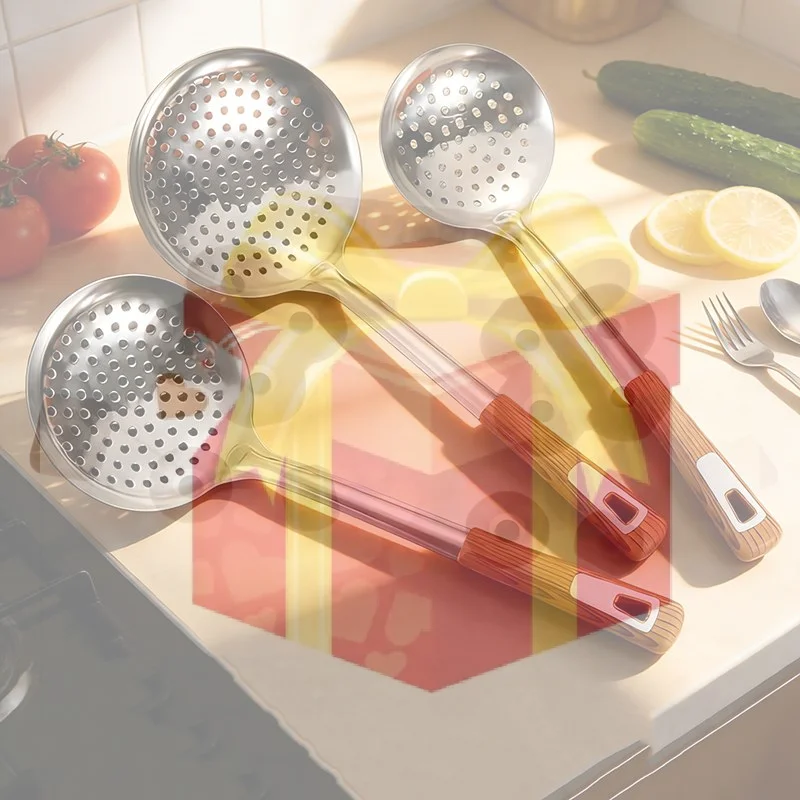 Thickened Stainless Steel Colander Filter Spoon Multifunctional Oval Oil Skimmer Scoop Long Handle Ramen Scoop Kitchen Utensils