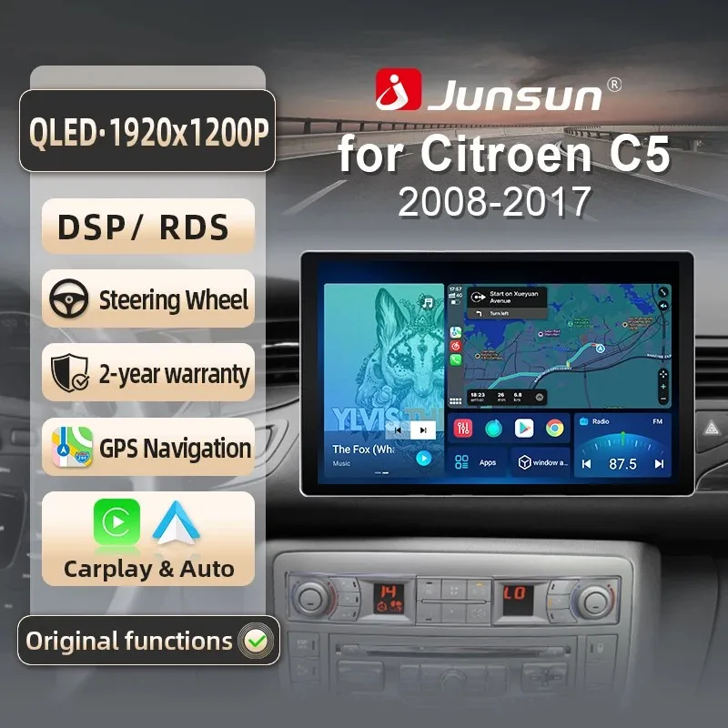 Junsun per Citroen C5 2008-2017 9 Pollici 4GB 64GB Android 13 Autoradio GPS Navigazione Carplay DSP Bluetooth FM Supporto Comando Volante Display Touch Ingresso USB AUX Pronto Telecamera Retrovisore