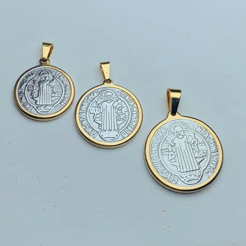 Religious Round Metal Medal Stainless Steel Jesus Cross Saint Benedict Pendants Charms For Jewelry Making Necklace Accessories