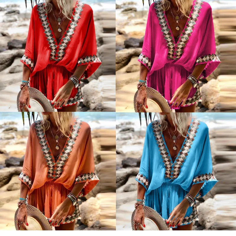 Bohemian Style Jumpsuits Women Sexy V-neck Dolman Sleeved Printed Casual Jumpsuit Shorts Spring Summer New Beach Vacation Femme