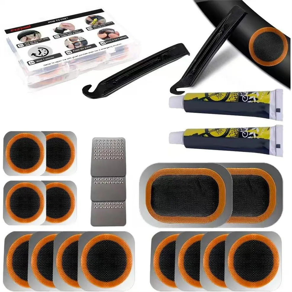 

Bike Tire Repair Kit with Vulcanizing Patches, Tire Levers and Metal Rasp for Mountain and Road Bikes