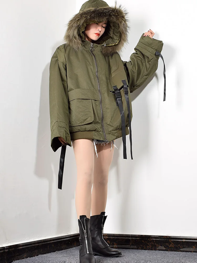 XITAO Korean Style Winter Coat Women  Ribbon Pocket Short Parka Trend Hooded Zipper Tops  Loose Women Clothes XJ3234