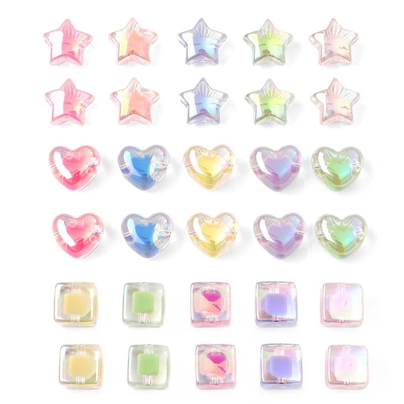 4pcs AB Color Plastic Acrylic Beads Star Heart Square Charm Spacer Beads for Handmade Neckace Bracelet DIY Jewelry Making