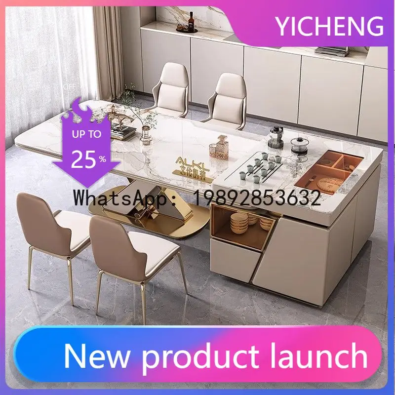 H5.15  rock slab dining table and chair combination glossy rectangular living room retractable island