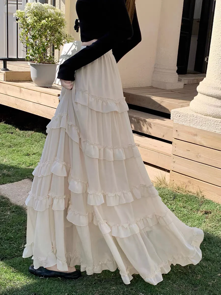 Saia Maxi Branca de Cintura Alta com Babados em Camadas, Tamanho Plus, Fluida, Modelo Evasê, de Chiffon para o Verão com Pregas 6XL