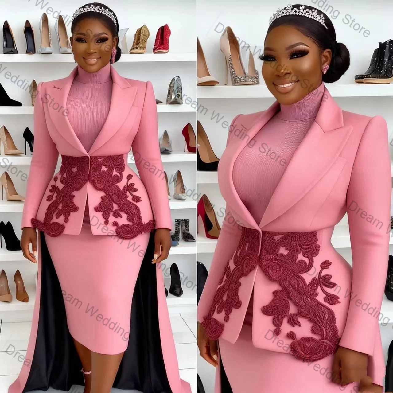 Pink Women Suit Skirt Set 2 Pcs Blazer+Prom Dress With Long Train Appliqued Formal Office Lady Jacket Customized Wedding Coat