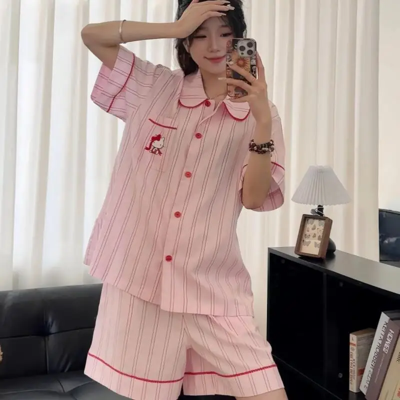 

Hot New Anime Cartoon Cute Kitten Women Pajama Sets Kawaii Sweet Style Girls Soft Home Clothing Teen Short Sleeve Shorts Pajama