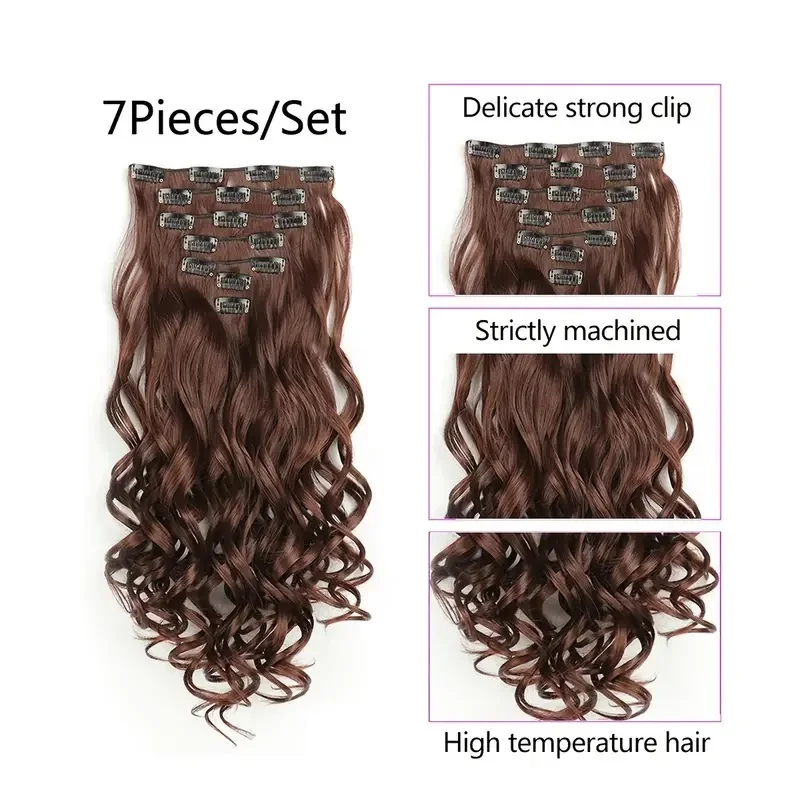 Extensiones de cabello con clip, 7 piezas para cabeza completa, 22 pulgadas, largas, rizadas y onduladas, sintéticas, naturales, para mujeres y niñas 2