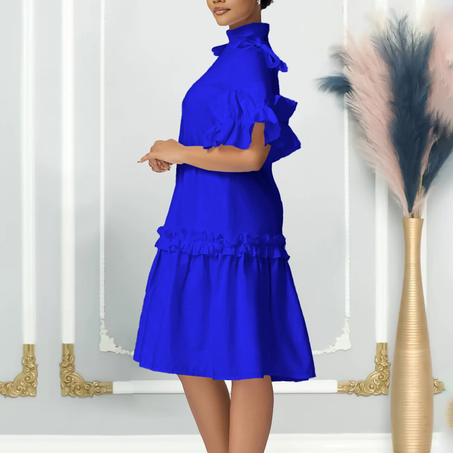 2024 Trendy Women Blue Dress Luxury Summer Fashion Elegant Young Wood-Ear A- Line Party Skirt New Para Mujer Fiesta Largos 3XL