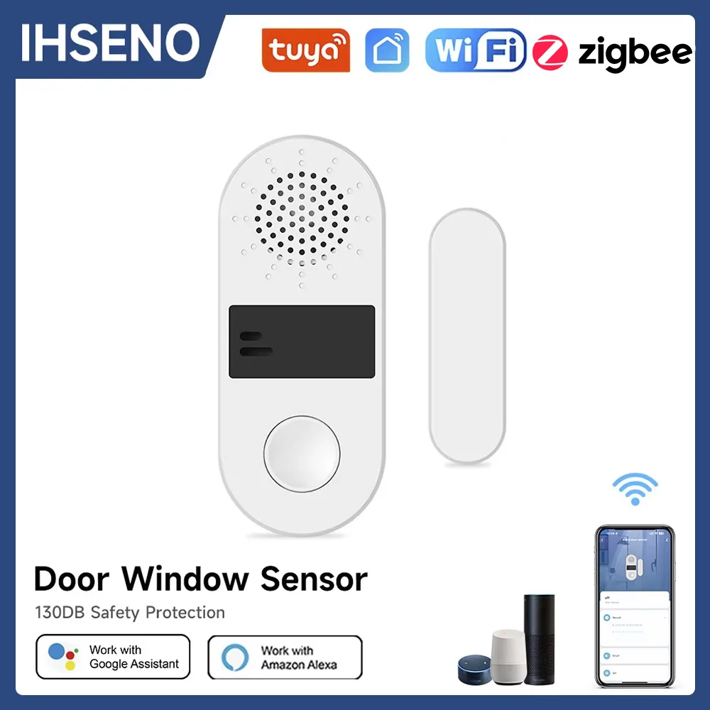 Tuya wifi/zigbee porta janela sensor 130db som e luz alarme casa inteligente detectores de porta sem fio abrir/fechar app alarme remoto