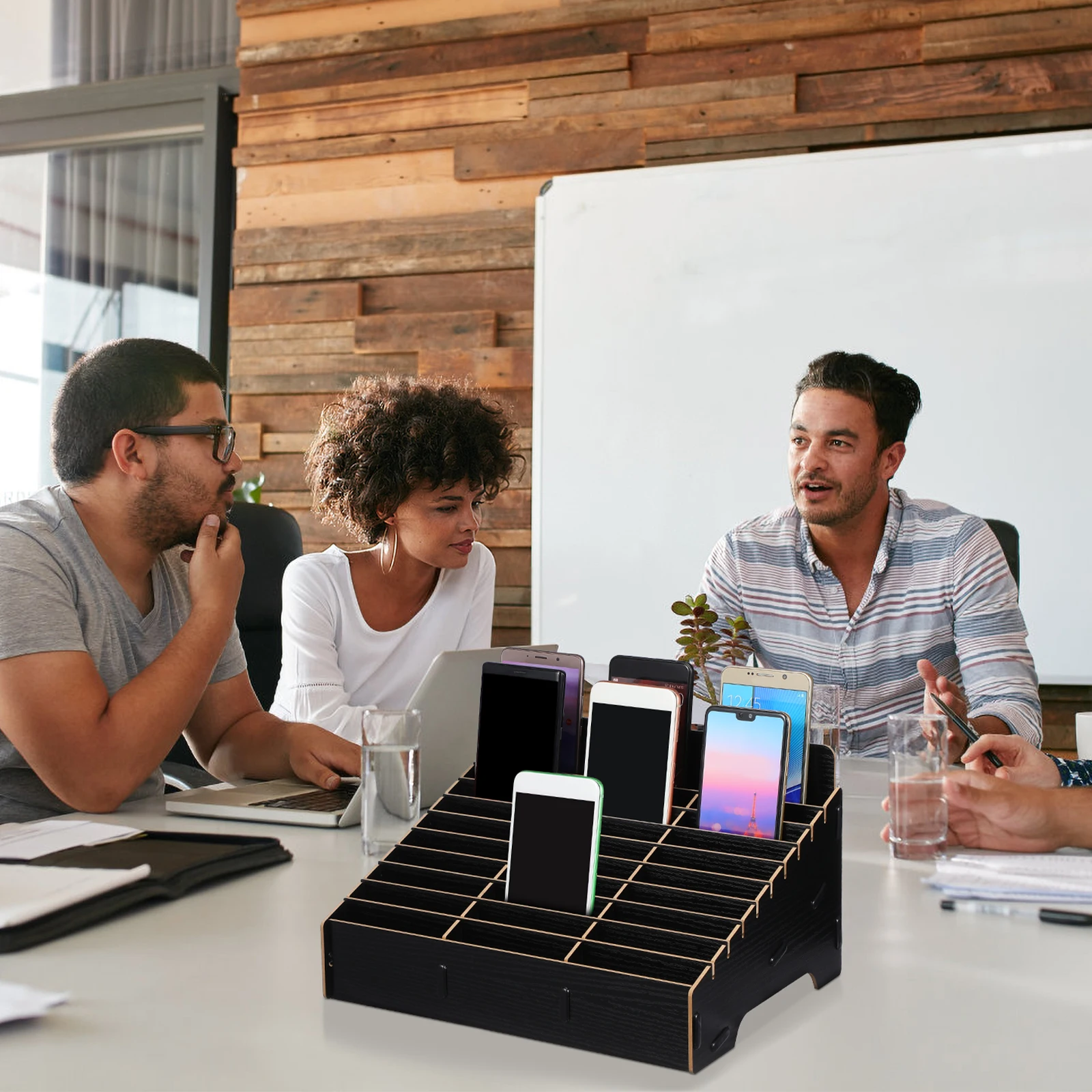 

Black Multi-Grid Wooden Phone Organizer Box Sturdy Polished Smooth Touch for Classroom Office Home Use Phone Storage Box